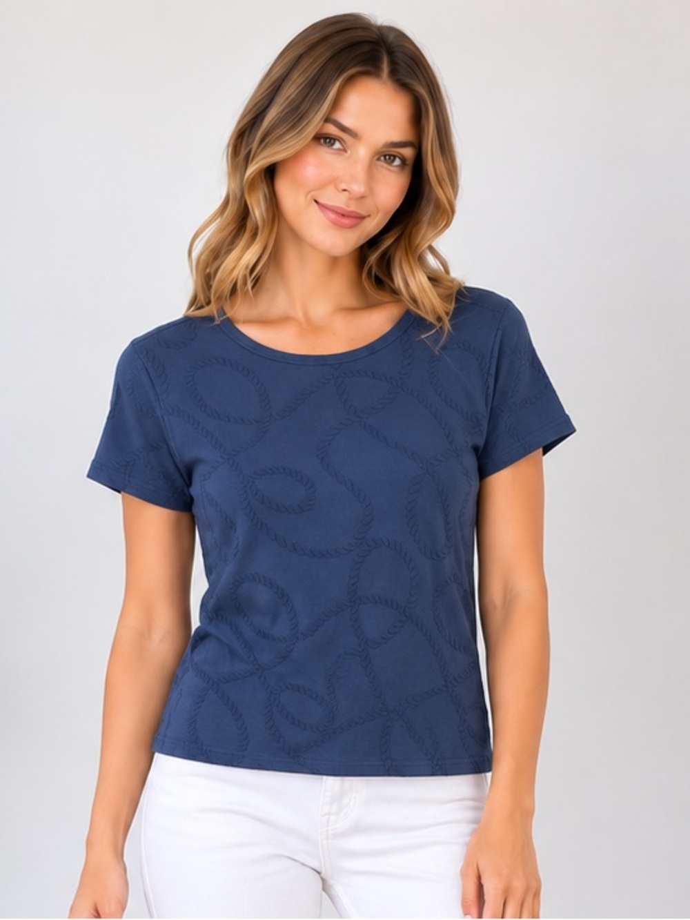 J. McLaughlin Navy Blue Rope Textured Short Sleeves Top size Small